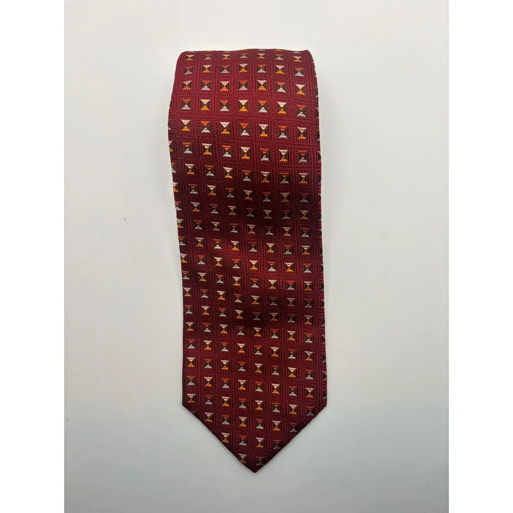 Genesis Handmade Mens Italian SilkTie Burgundy Red Geometric Pattern Made in USA